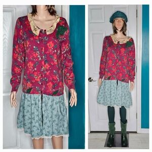 Handmade Cranberry/Evergreen Floral Long Sleeve Jacket/Dress with Lace Collar